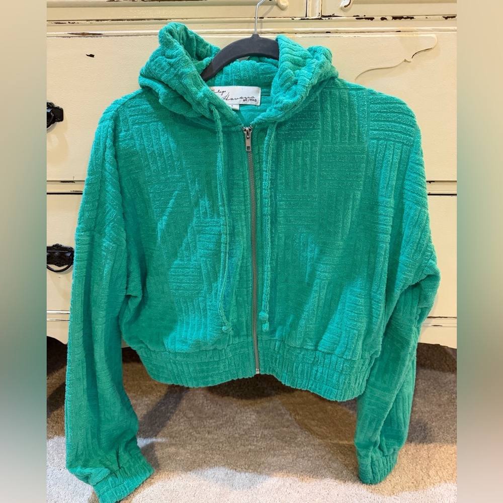Cropped Zip-Up Teal Vintage Havana Terry-Clothlike Hoodie Size Small